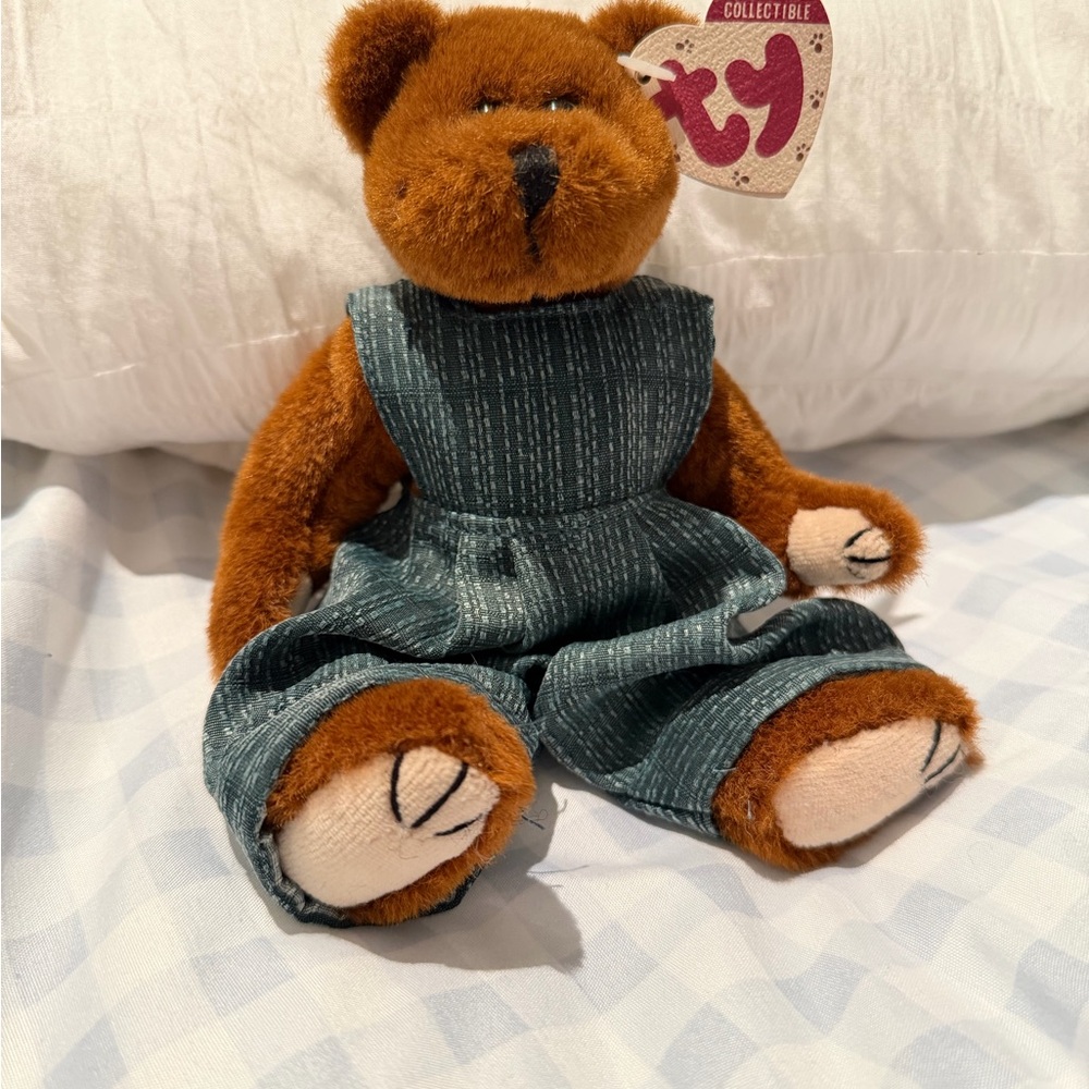 Ty Plush Bear in Green Striped Outfit